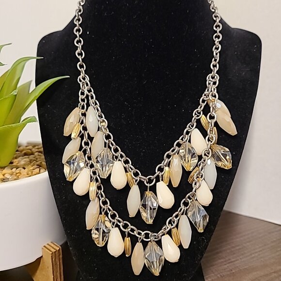 Statement Necklace Silver Tone Chain Beige Cream Clear Bead Dangle Bib Jewelry - Picture 2 of 5